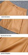 Camel Solid Pleated Elegant Leather Skirt