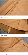 Camel Solid Pleated Elegant Leather Skirt